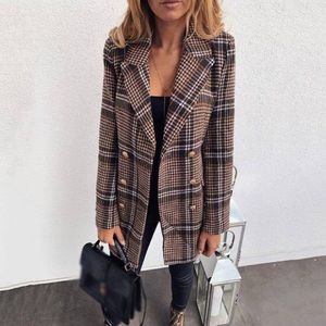 Women Classic Check Double Breasted Blazer Blazer